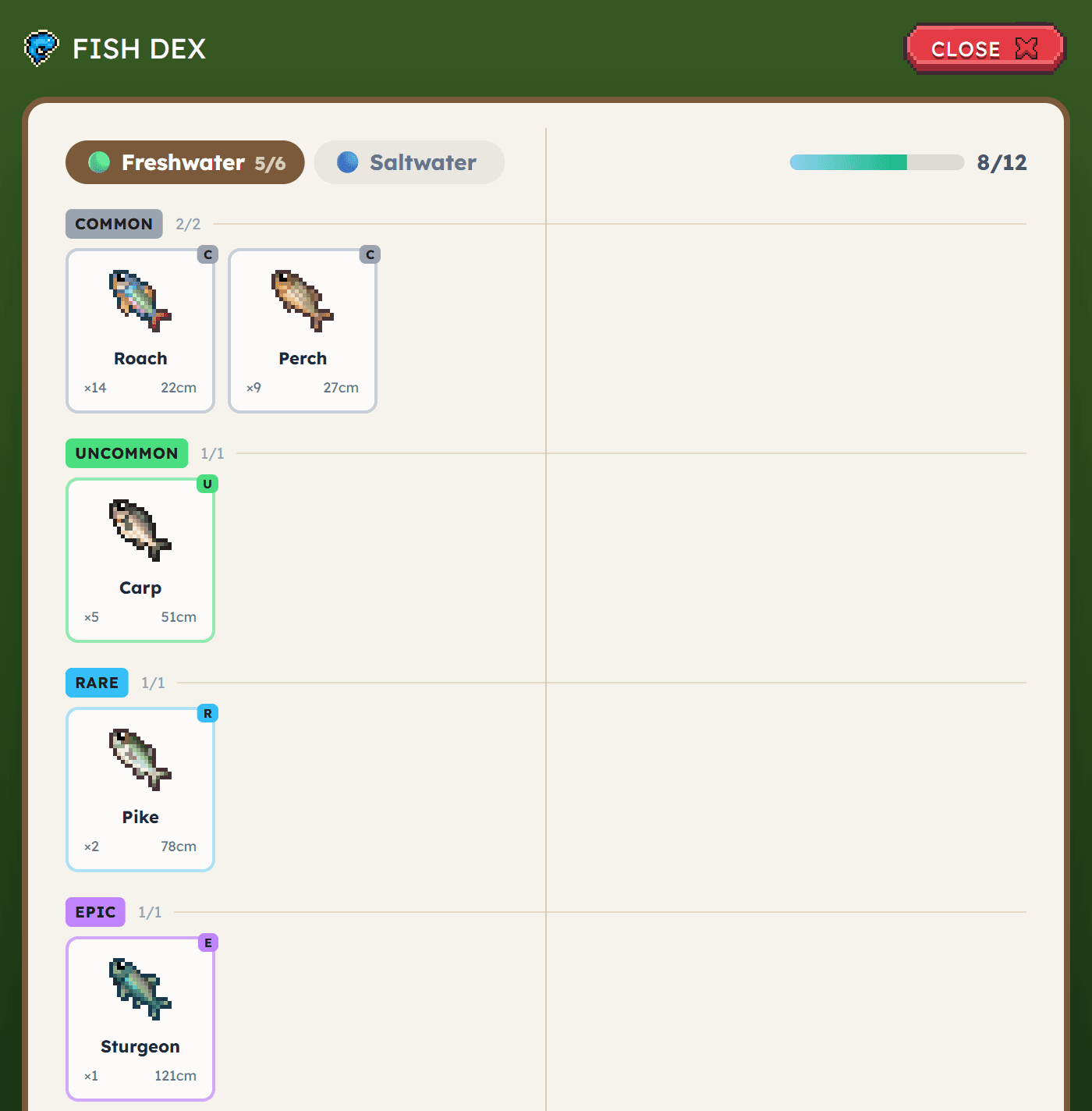 The fishing compendium listing each species by rarity, with the biggest catch recorded