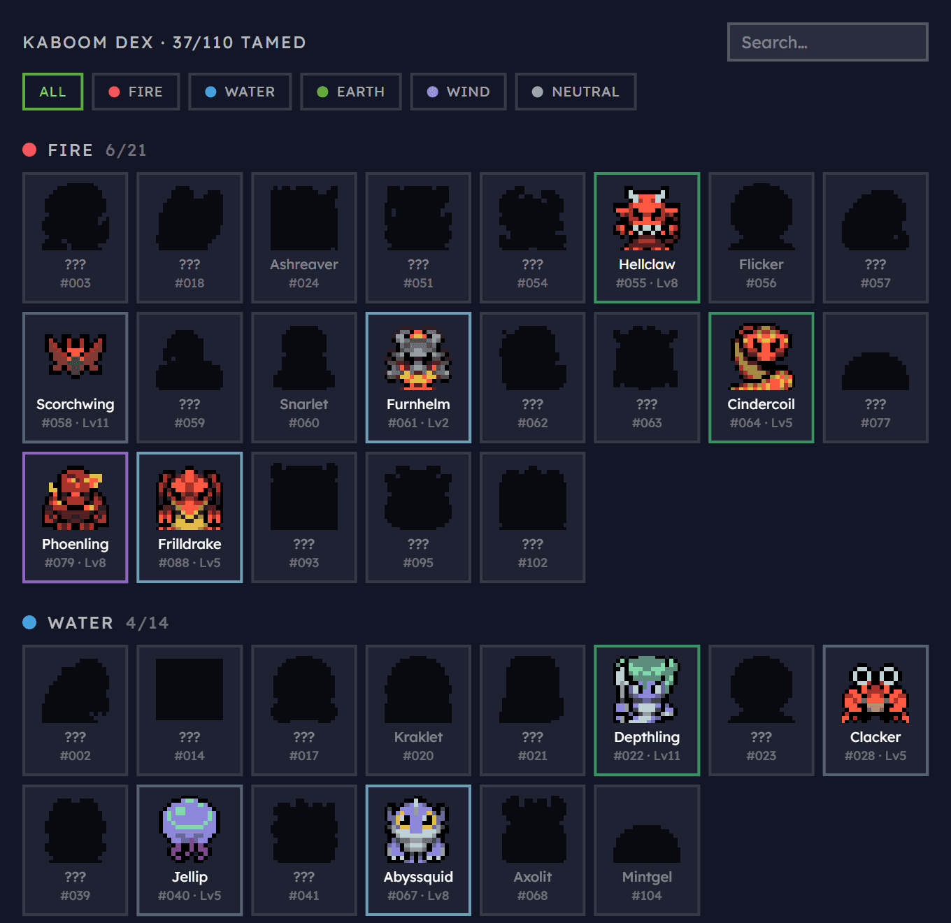 The creature compendium: a grid of tamed creatures with the ones not yet found still blank