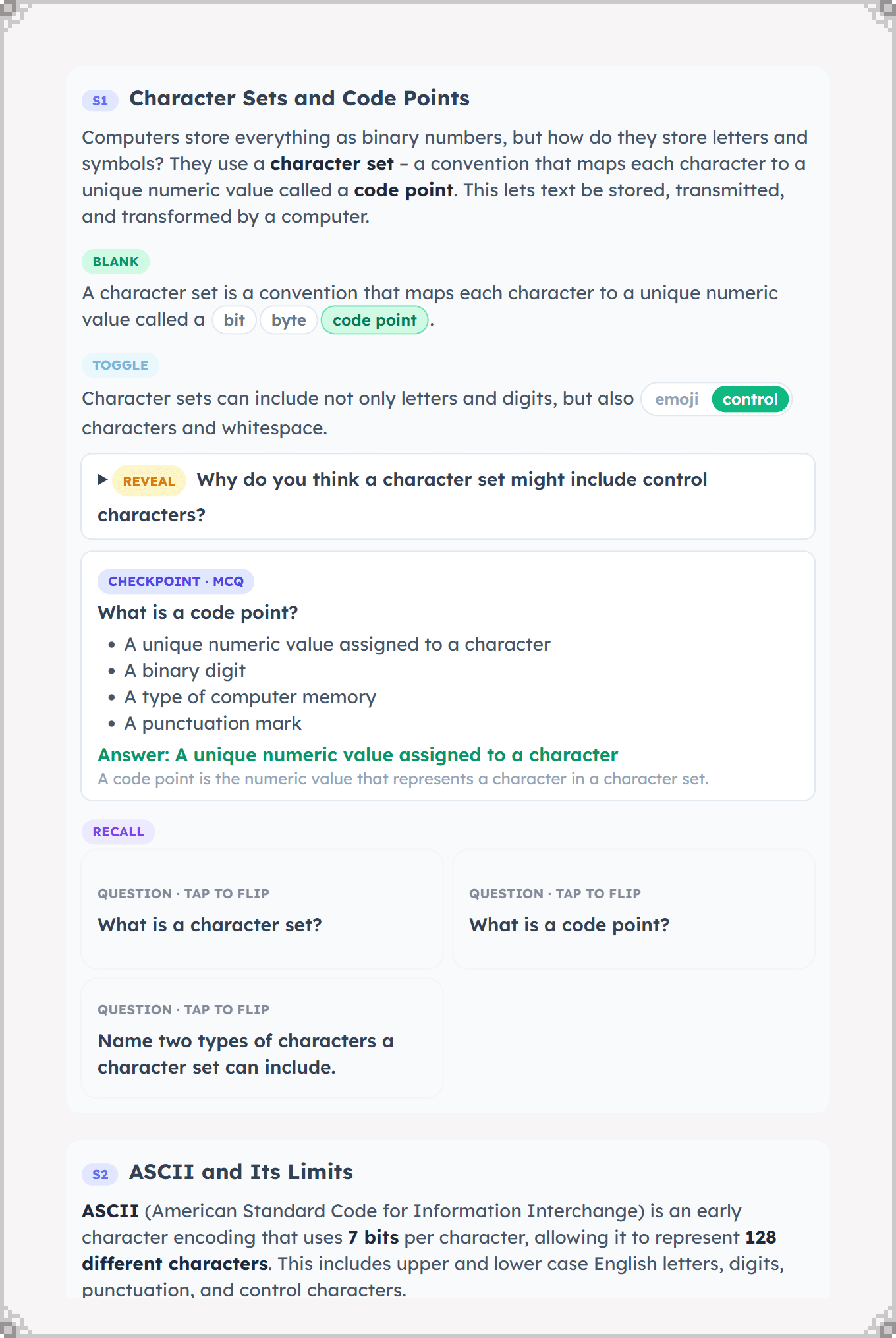 Interactive revision notes on character sets and ASCII, with a fill-in-the-blank sentence, a toggle, a reveal prompt, a multiple-choice checkpoint and flip-to-reveal recall cards