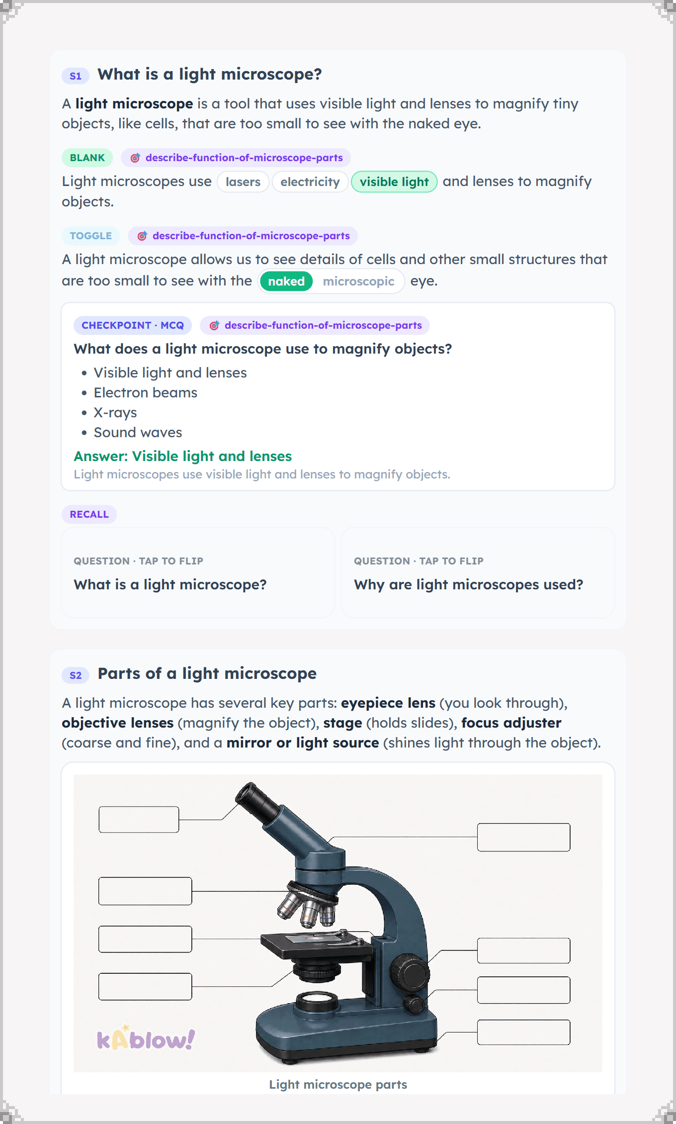 Interactive revision notes with a fill-in-the-blank sentence and a labelled diagram