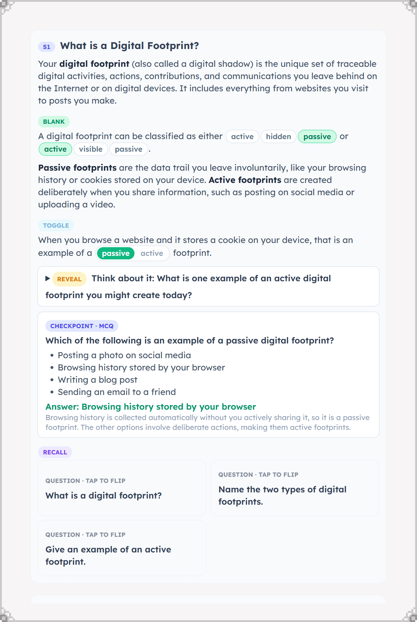 Interactive revision notes on digital footprints, with fill-in-the-blank sentences, a passive/active toggle, a reveal prompt, a multiple-choice checkpoint and flip-to-reveal recall cards